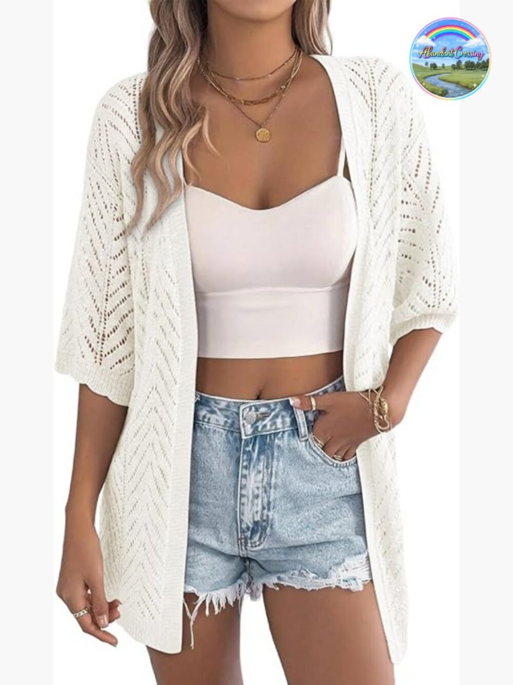 Crochet Knit Cardigan Sweater Short Sleeve Open Front Kimono Boho Top